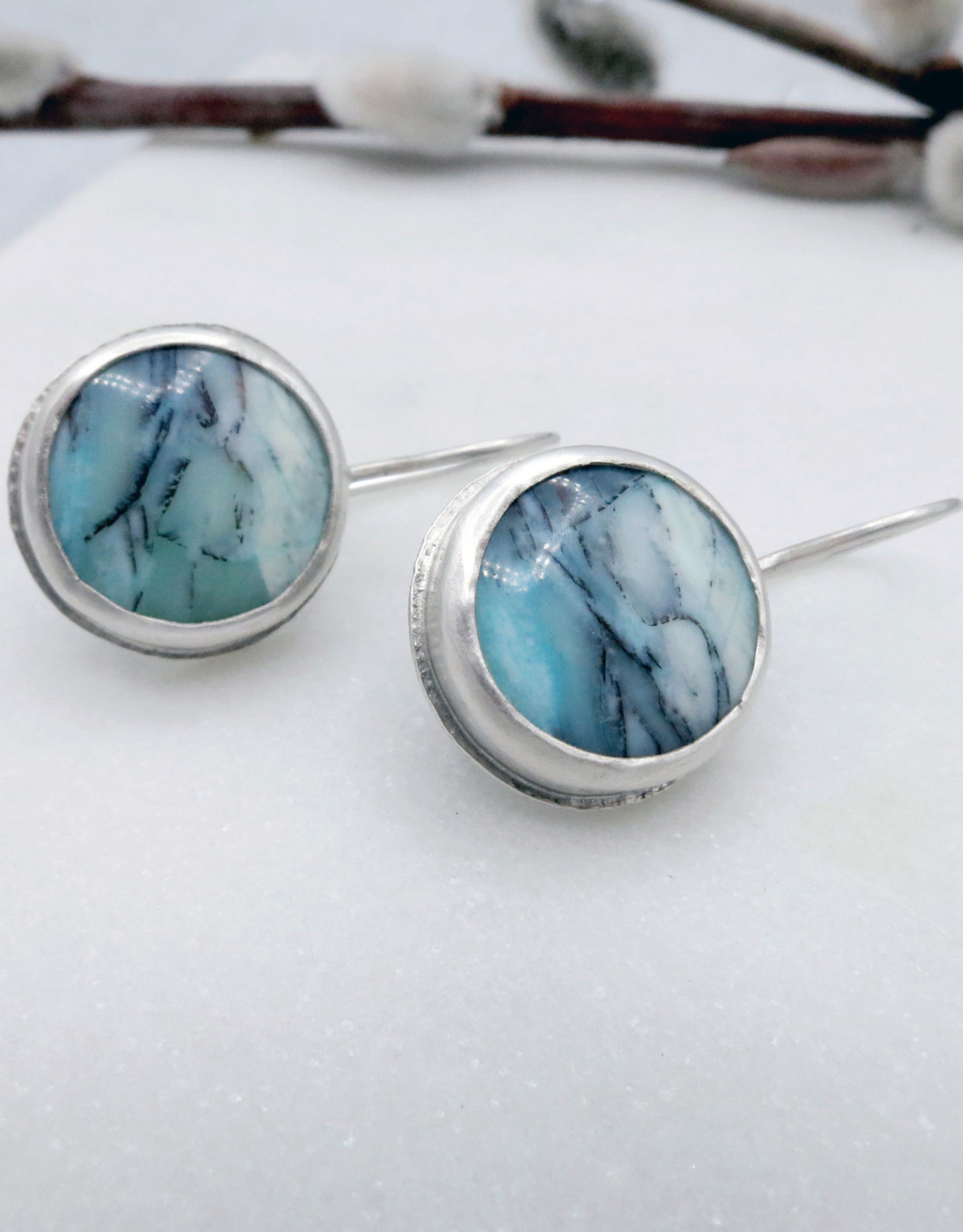 Catherine Chandler Round Glacier Earrings with Blue Opalized Wood and Sterling Silver - CCJ
