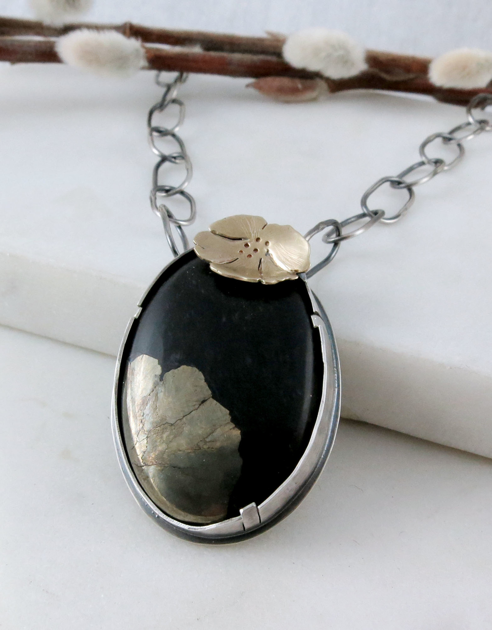 Catherine Chandler Moonflower Necklace with Chalcopyrite, Sterling Silver, and Gold 24" Long - CCJ