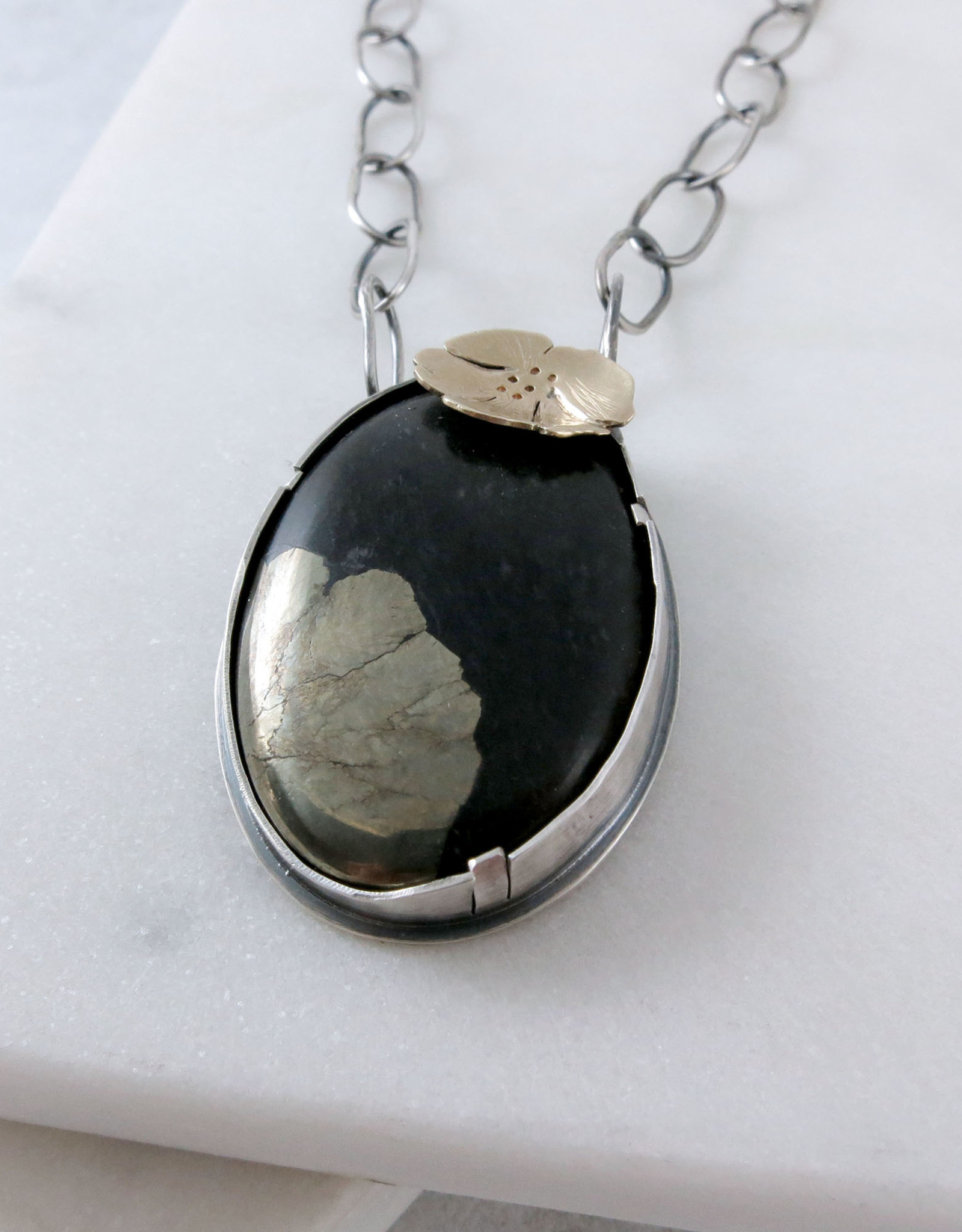 Catherine Chandler Moonflower Necklace with Chalcopyrite, Sterling Silver, and Gold 24" Long - CCJ