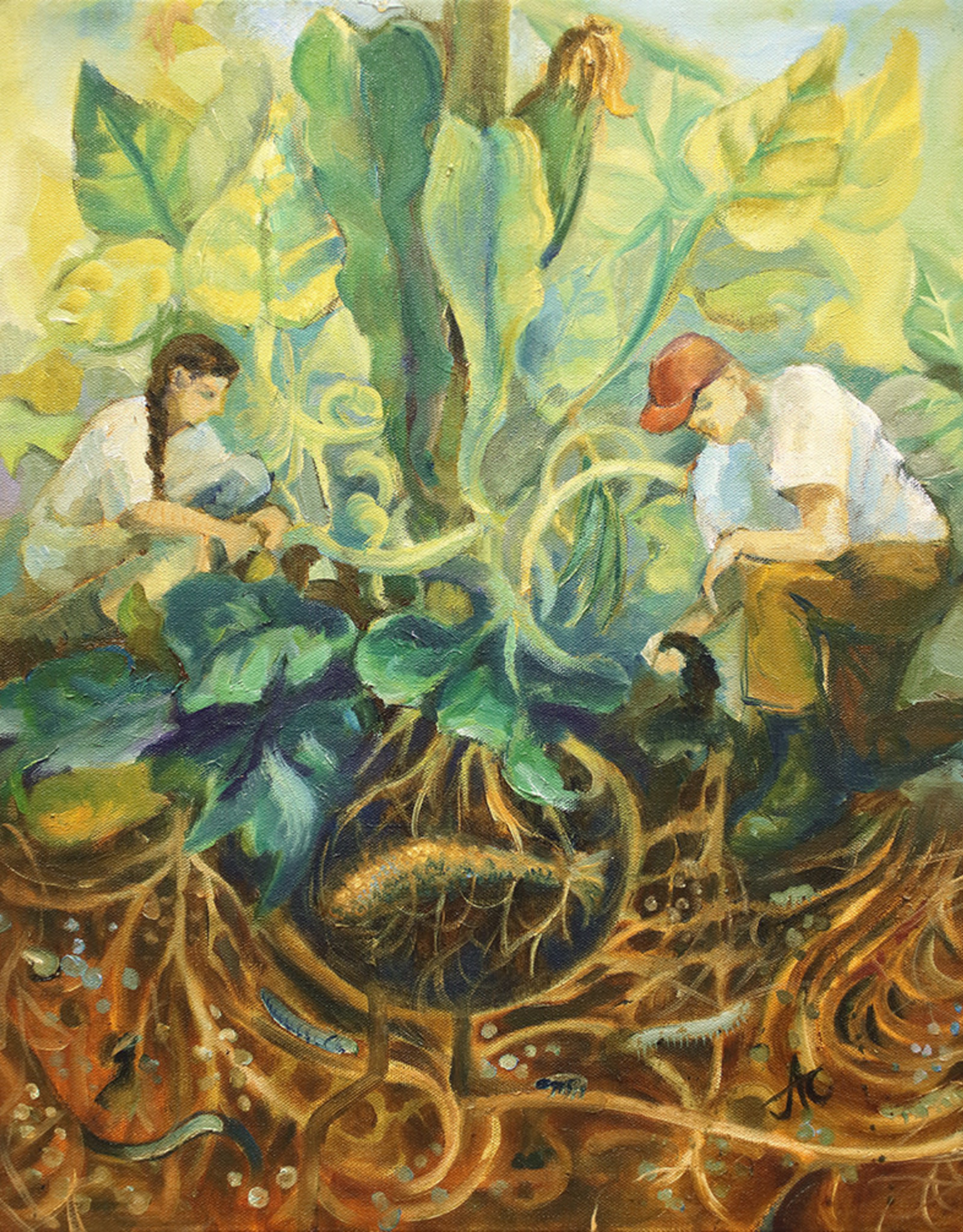 Jennifer Cook-Chrysos CD Artworks, "The Establishment Plants the Three Sisters", 16x20, Framed, Oil on Canvas