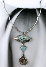 Catherine Chandler Rising from the Sea Necklace - Featuring Rare Plasma Agate, Leland Blue, and Pyritized Ammonite in Sterling Silver and 14k Gold