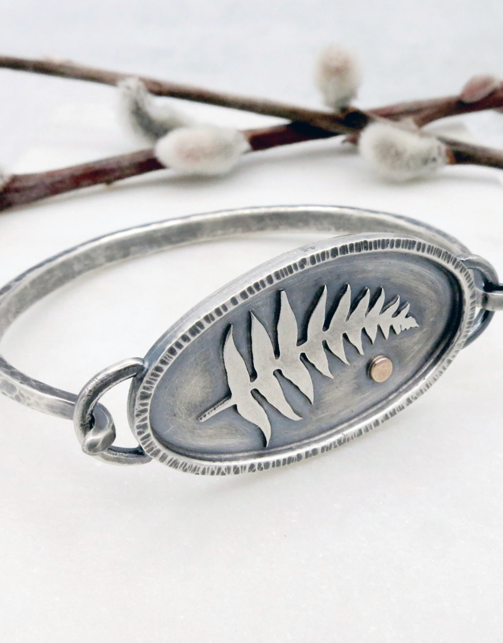 Catherine Chandler Fern Hinged Bracelet in Oxidized Sterling Silver and Gold - CCJ