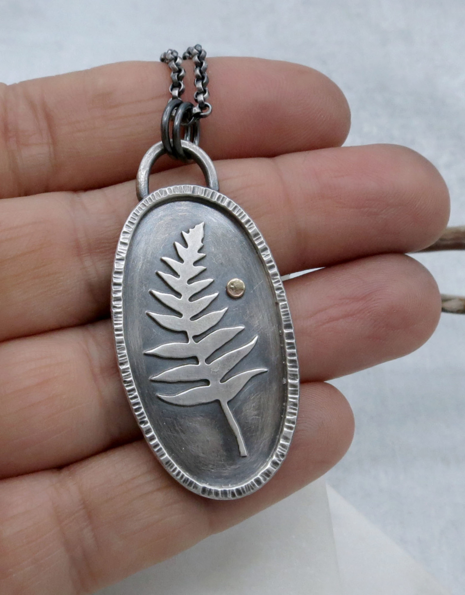 Catherine Chandler Fern Shadowbox Necklace in Oxidized Sterling Silver and Gold 20" Long - CCJ