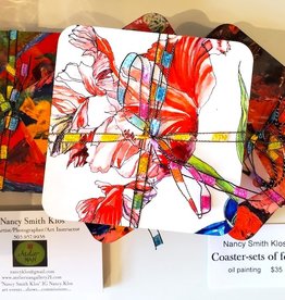 Nancy Smith Klos Coaster set of #4 Red Parrot Tulip