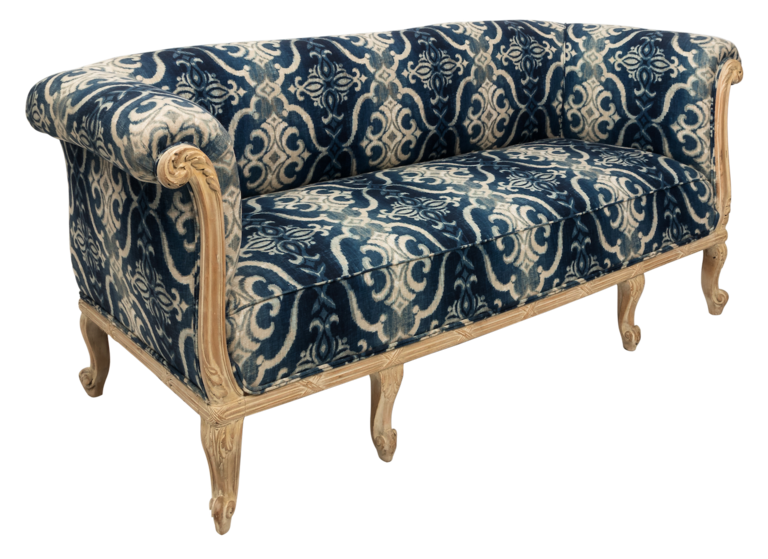 French carved Chesterfield style sofa. Recently reupholstered in Andrew Martin fabric, circa 1870