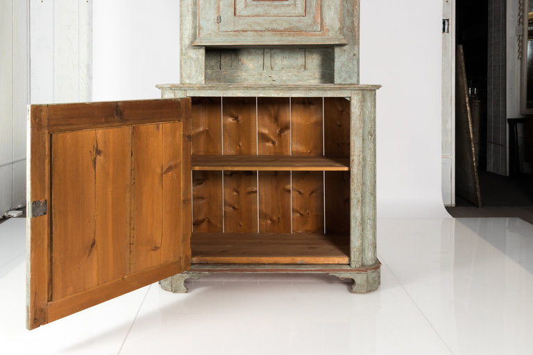Circa 19th century Swedish painted cabinet that features an "1800" carving on the front