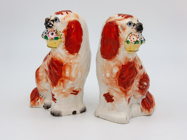 Pair 1860s Original Staffordshire King Charles Spaniels with Flowers