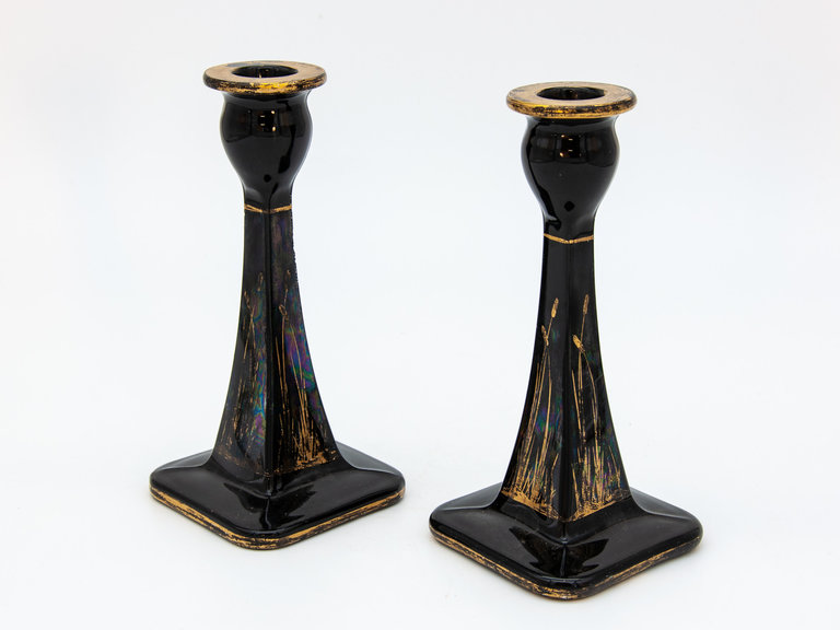 Black Candlestick holders in Black with carnival glass finish and gold painted detail