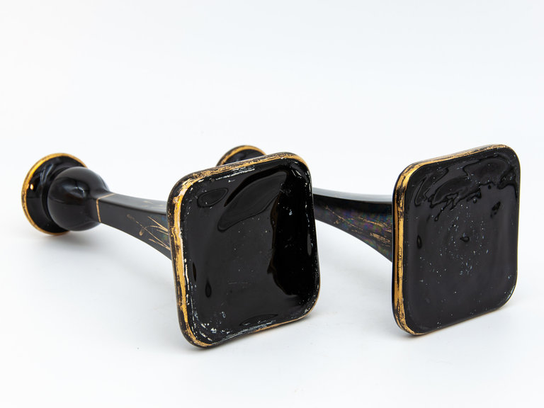 Black Candlestick holders in Black with carnival glass finish and gold painted detail