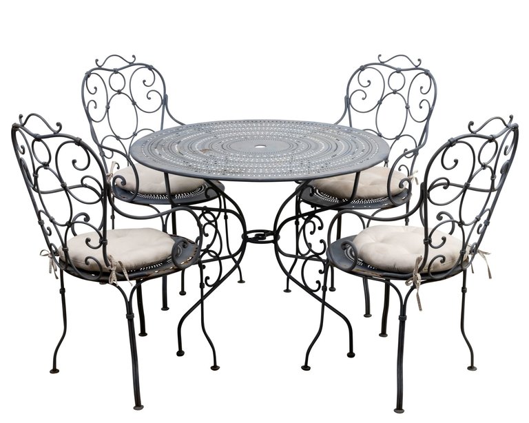 French wrought iron garden table and four chairs