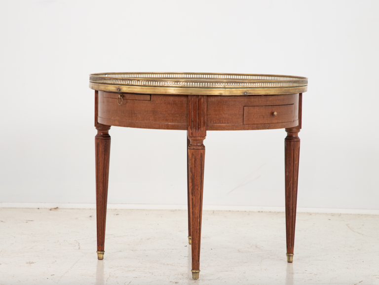 Louis XVI Bouillotte Marble Topped Side Table Late 19th c., Mahogany and Marble Top with Brass Gallery