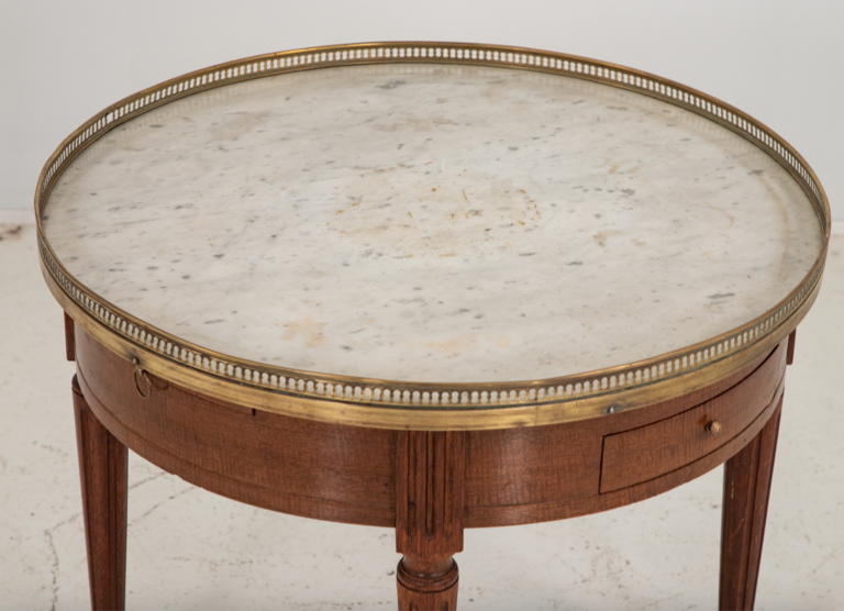 Louis XVI Bouillotte Marble Topped Side Table Late 19th c., Mahogany and Marble Top with Brass Gallery