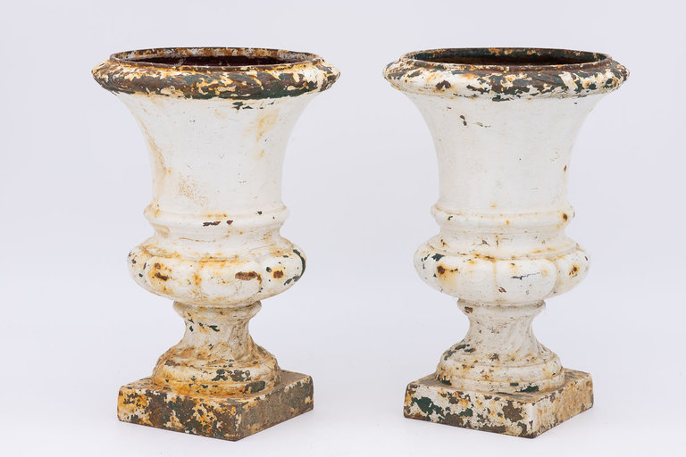 French 1860 Pair of White Painted Cast Iron Urns