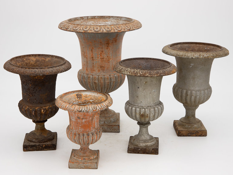 Assortment of Five Small Iron Urns or Medici Pots