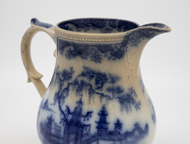 English Mid 19th C. Large Victorian Blue and White Jug Decorated with Chinese Landscape Scenes
