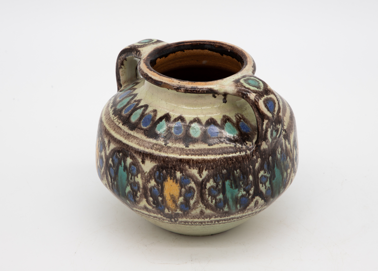 Fes or Moroccan Brown, Blue, and Yellow Two Handled Vase
