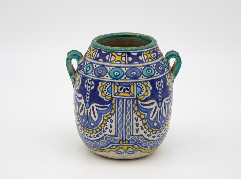 Blue, aqua, and yellow handles vase