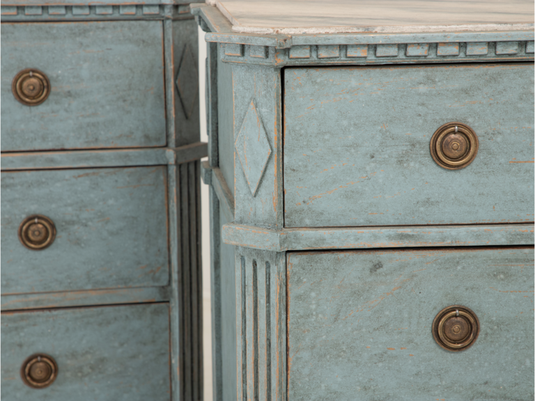 Pair of Gustavian Style Chests of Drawers with Faux Marble top, Dentil Moulding, and Lozenge on Canted Corners