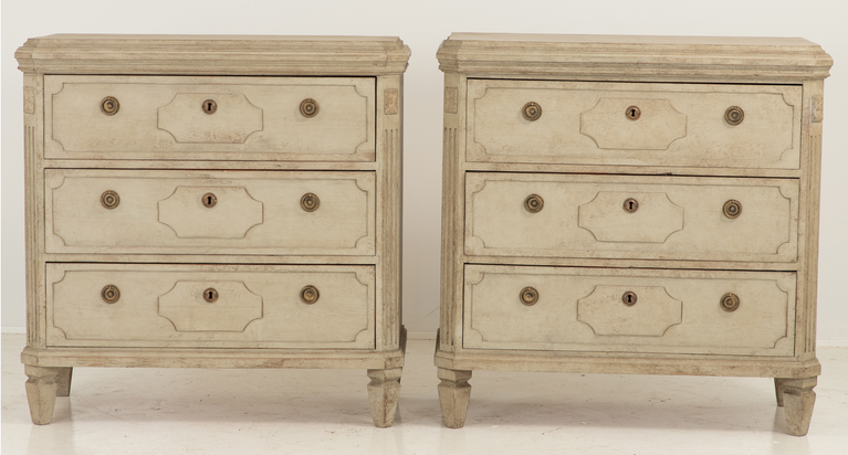 Pair of Gustavian Style Chests of Drawers with Lozenges on Drawers and Reeded Canted Corners
