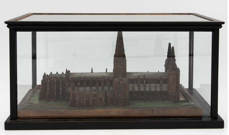 English Early 20th C. Scrathbuilt Model in Glass Case of Lichfield Cathedral