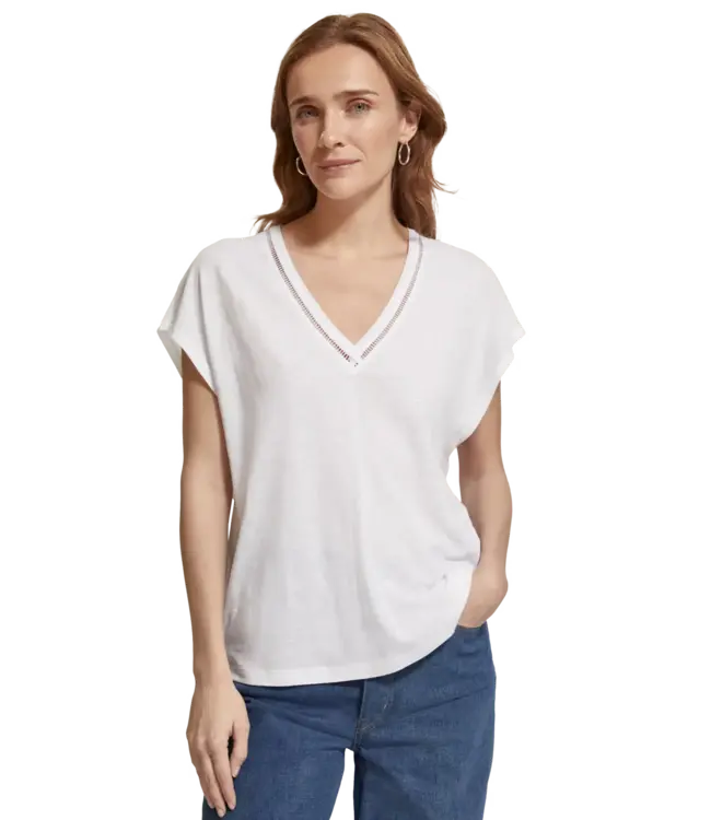 Scotch & Soda T-shirt à col en V et détails échelle blanc