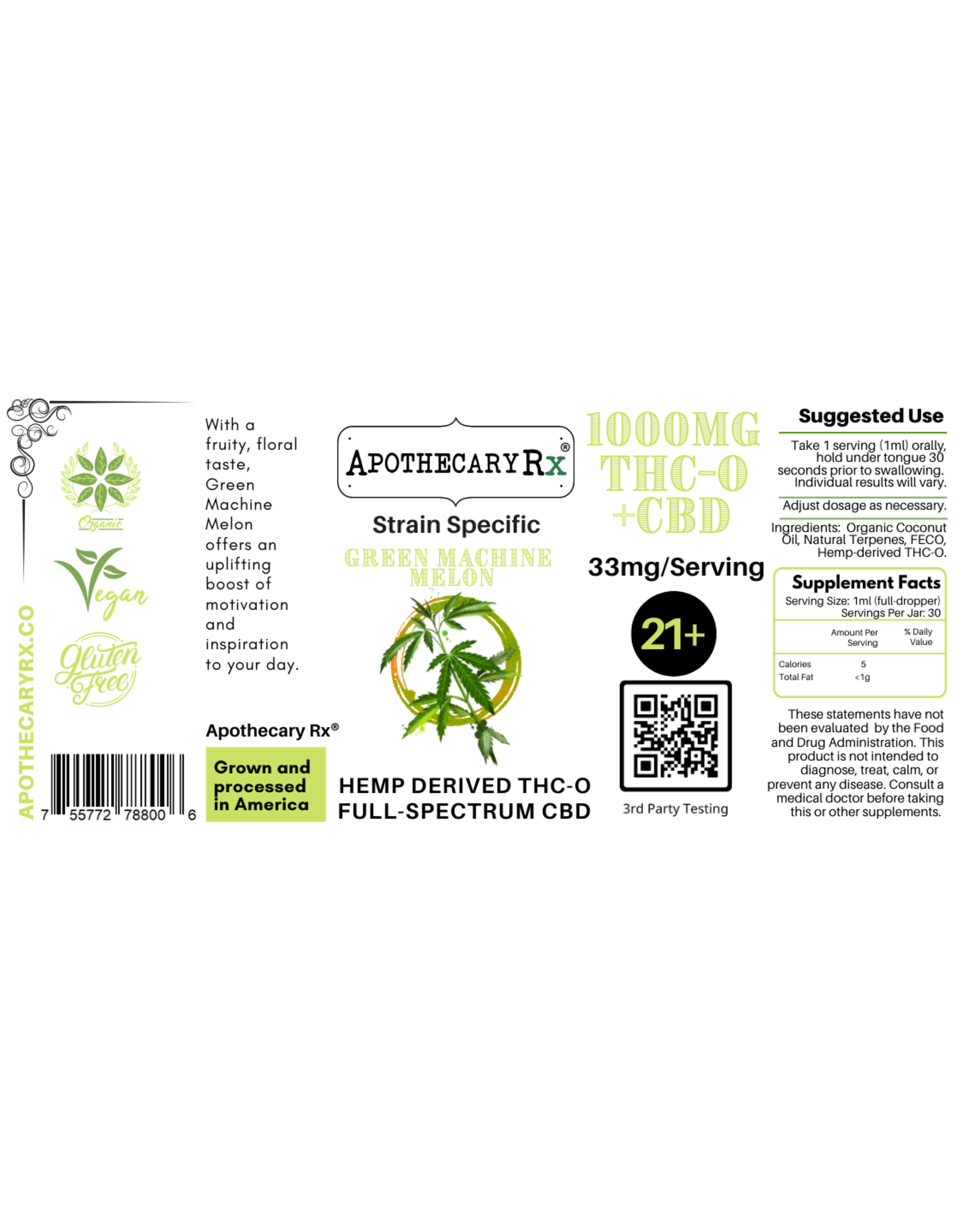 Apothecary Rx Apothecary Rx THCO/CBD Green Machine Melon Sativa Elixir 1000mg 30ml