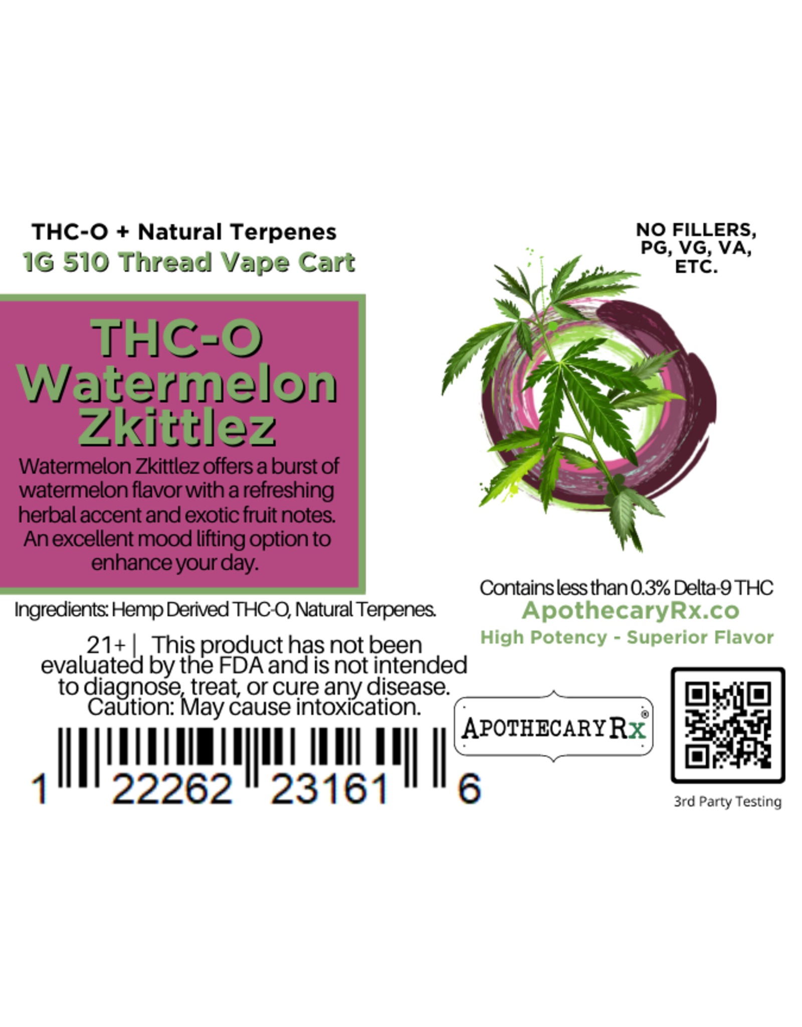 Apothecary Rx Apothecary Rx THC-O Watermelon Zkittlez Cartridge 1gr