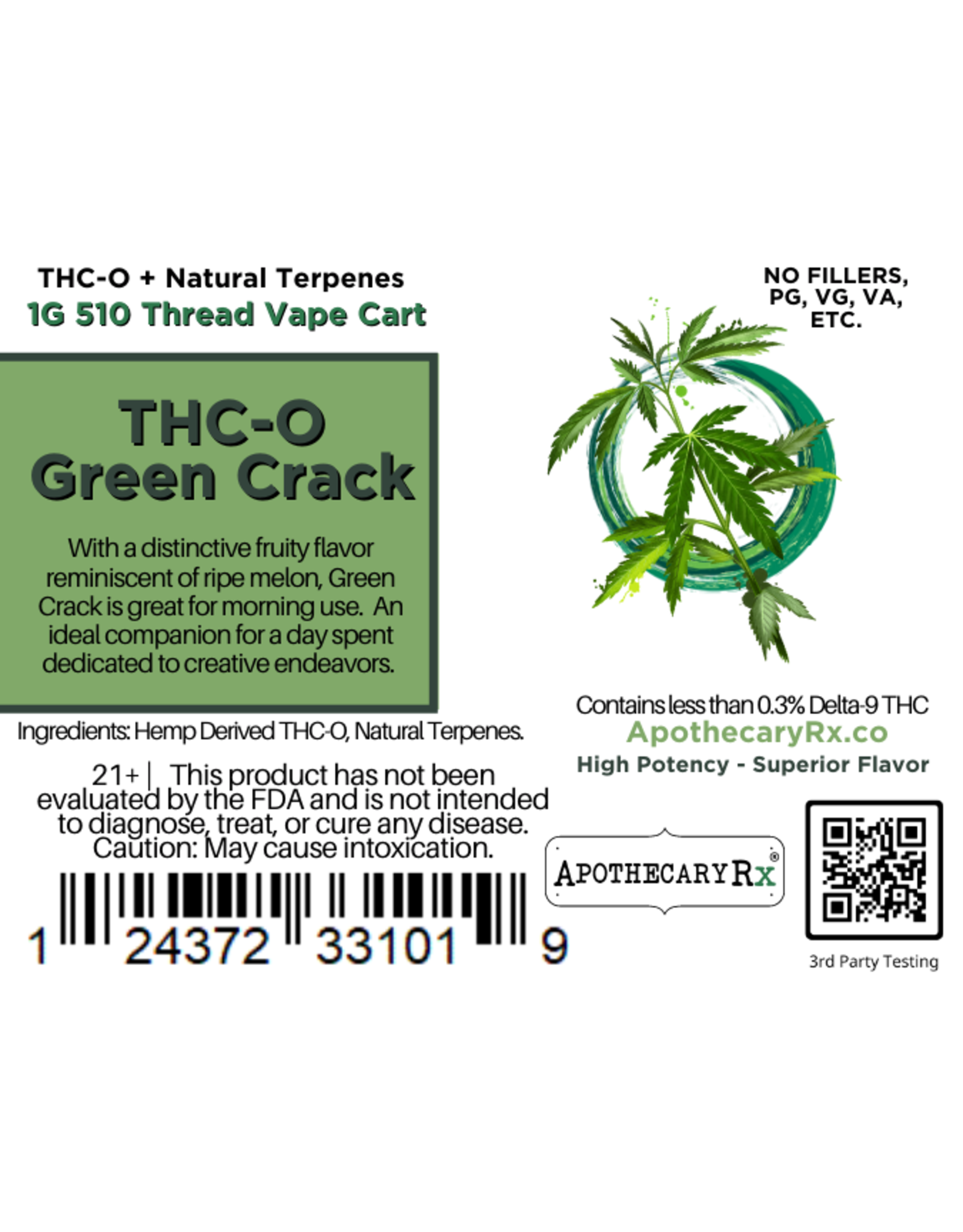 Apothecary Rx Apothecary Rx THC-O  Green Crack Sativa Cartridge 1gr