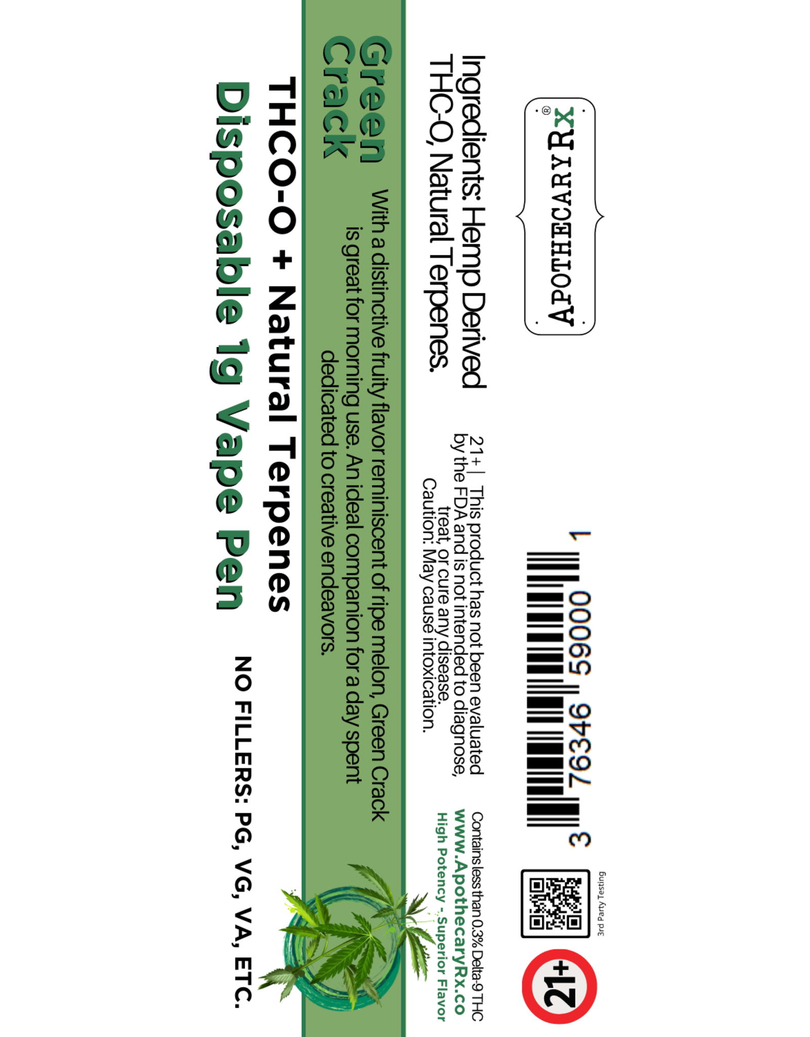 Apothecary Rx Apothecary Rx THC-O Green Crack Sativa Disposable Cartridge 1gr