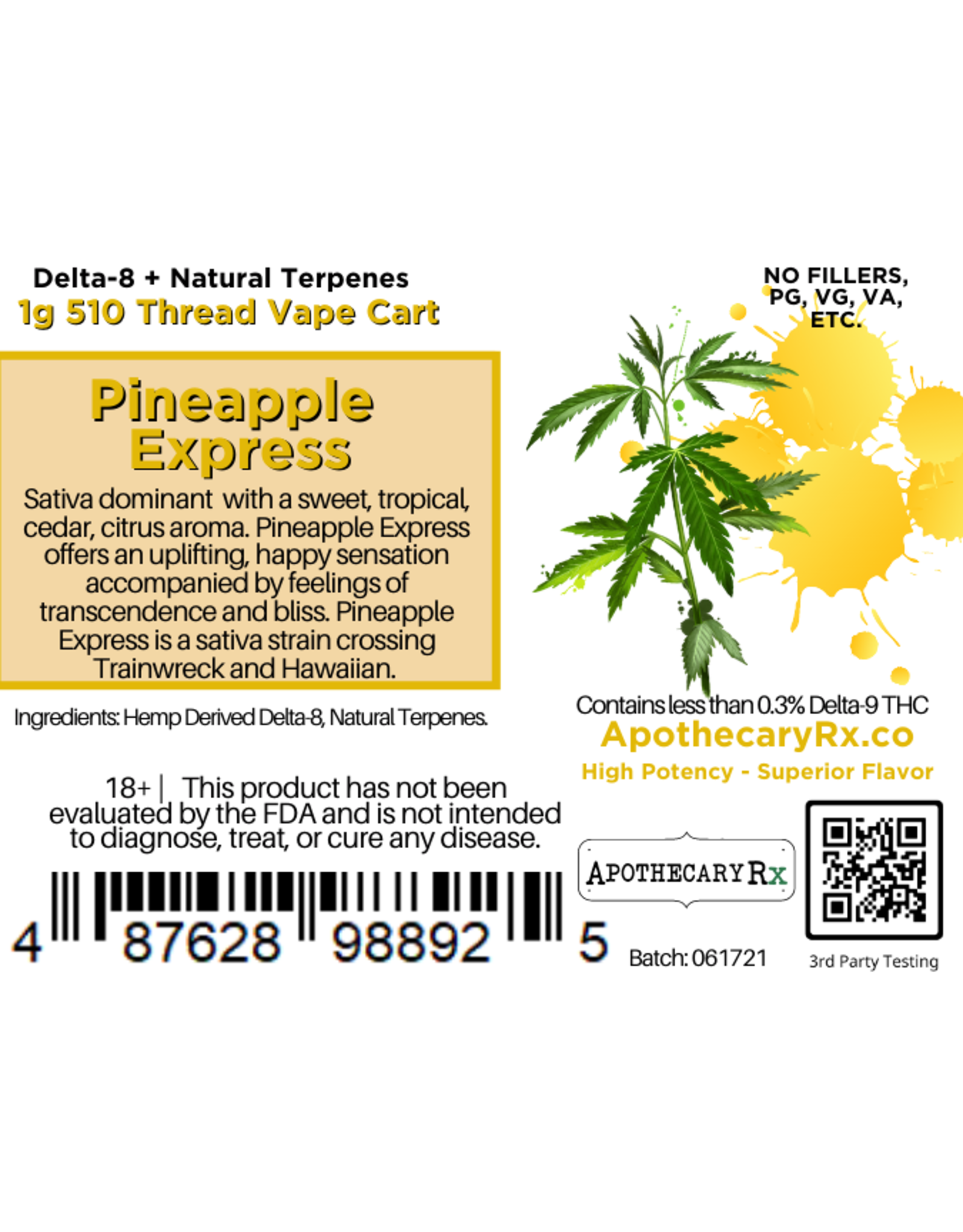 Apothecary Rx Apothecary Rx Delta 8 Pineapple Express Sativa Cartridge 1gr