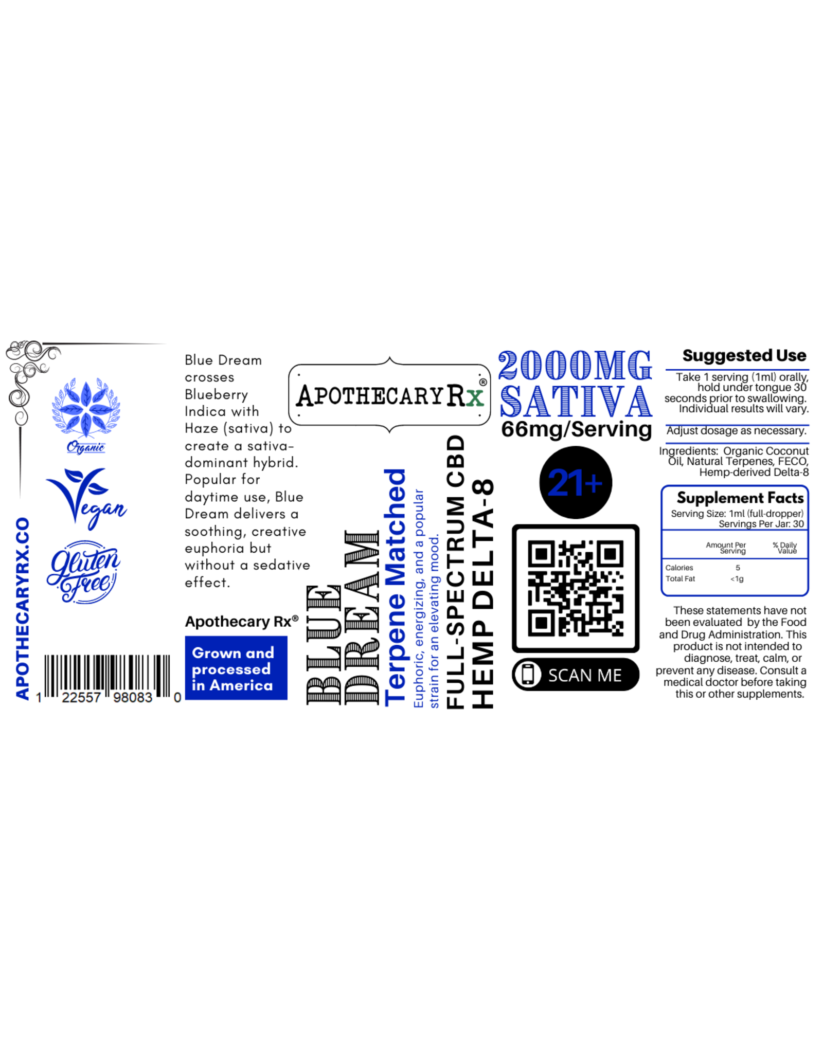Apothecary Rx Apothecary Rx Delta 8 CBD Blue Dream Elixir Sativa 2000mg 30ml