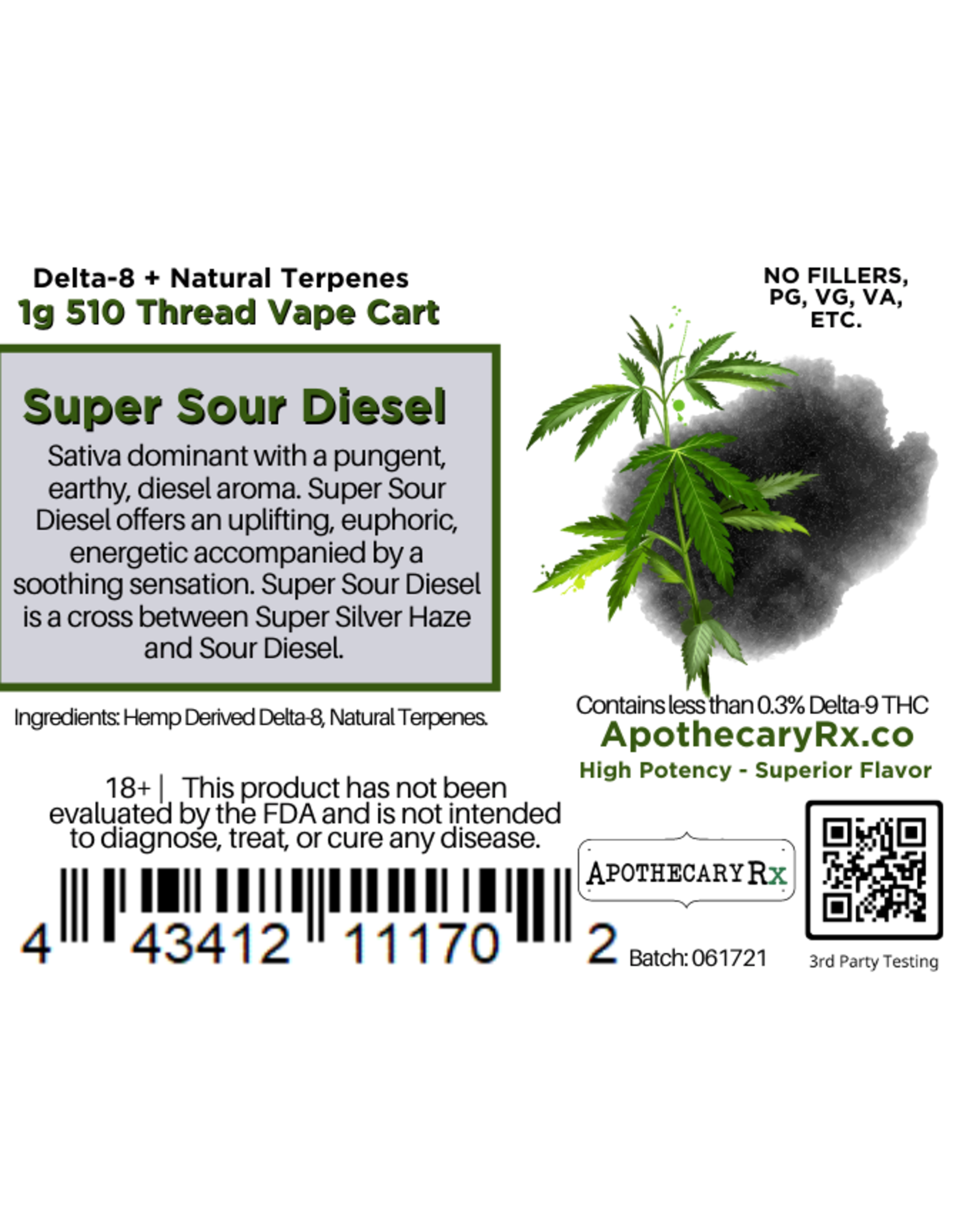Apothecary Rx Apothecary Rx Delta 8 Super Sour Diesel Sativa Cartridge 1gr