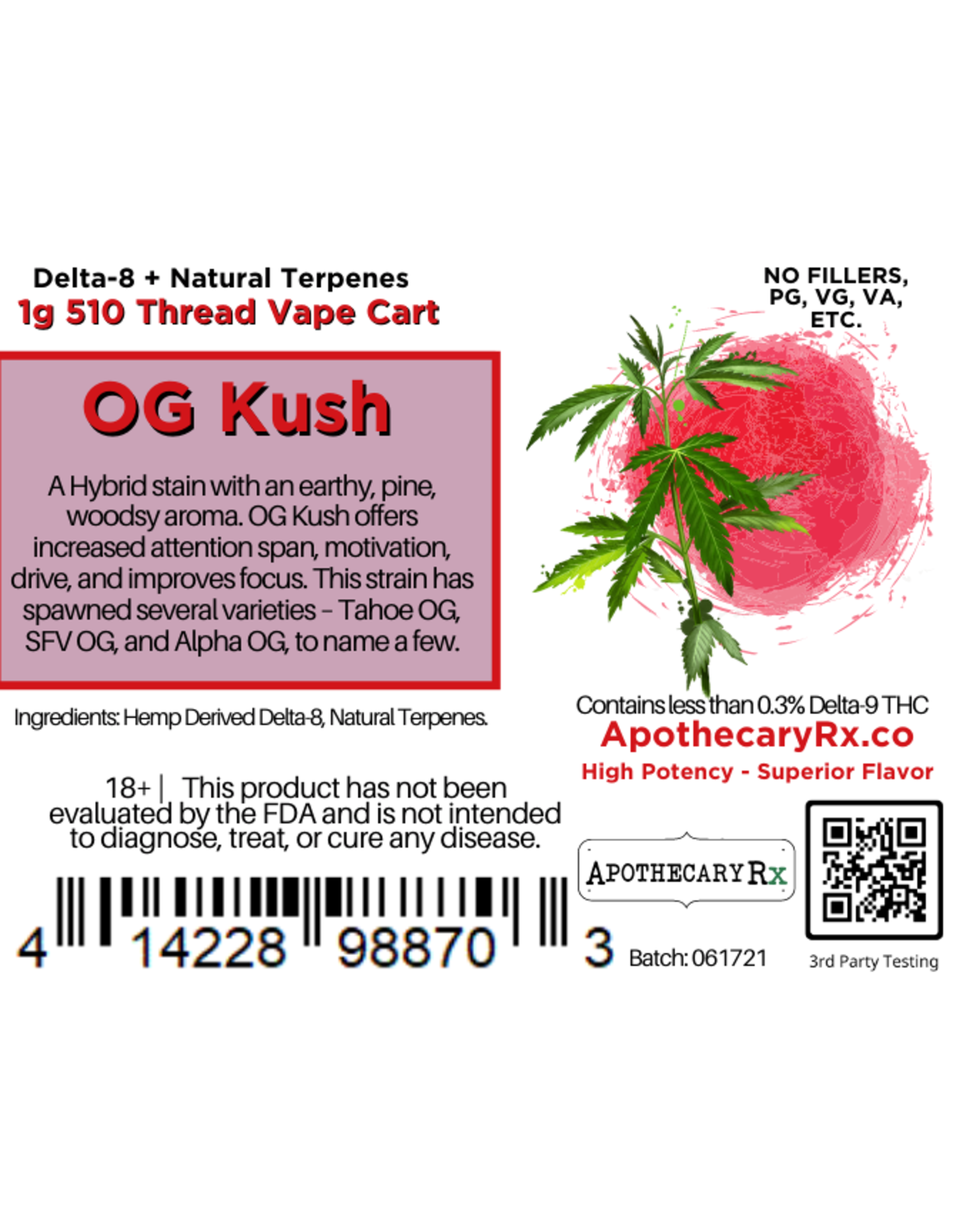 Apothecary Rx Apothecary Rx Delta 8 O G Kush Hybrid Cartridge 1gr