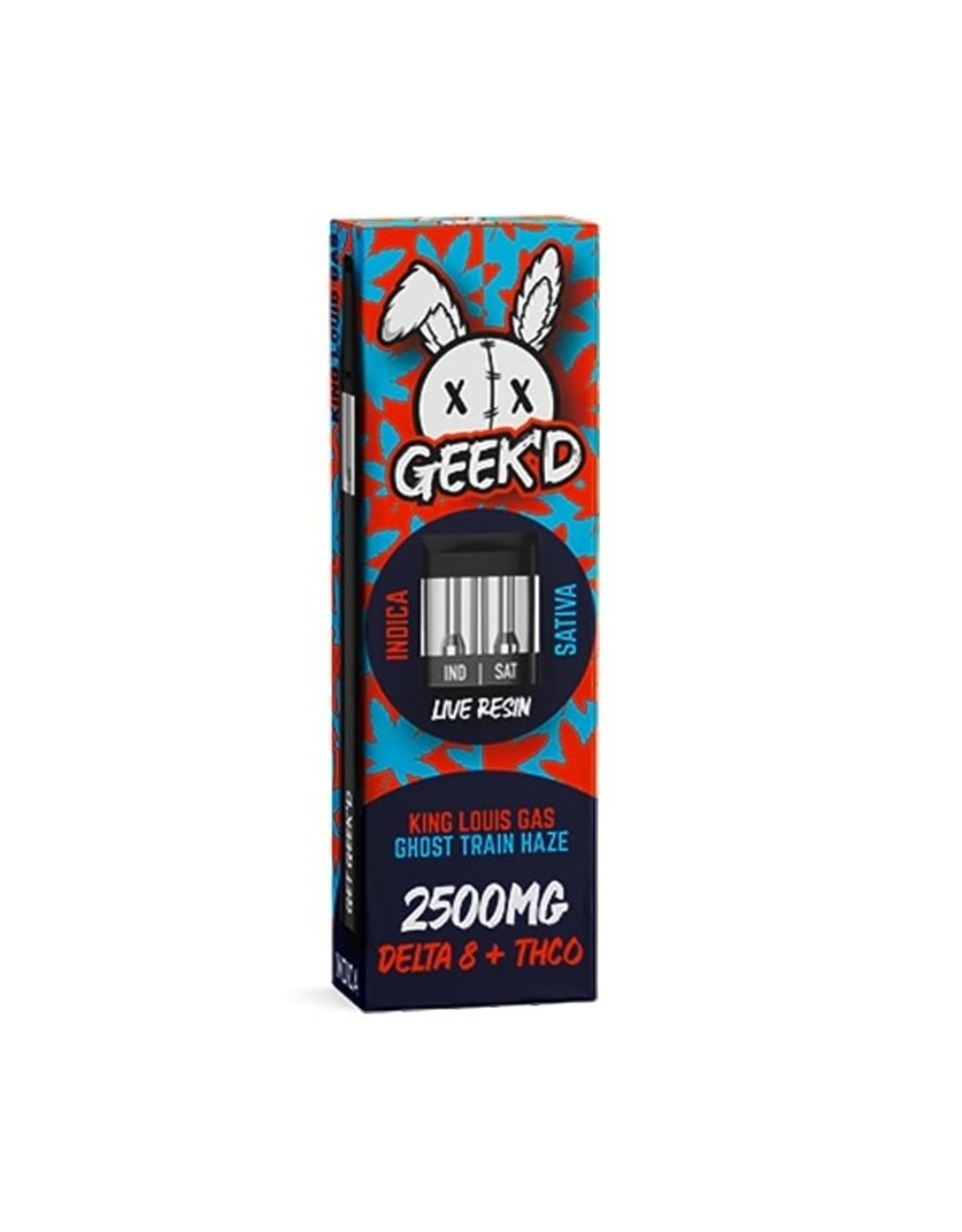 GEEK'D Geek'd Delta 8-THCO Live Resin King Louis Gas Indica Ghost Train Haze Sativa Disposable Cartridge 2.5gr