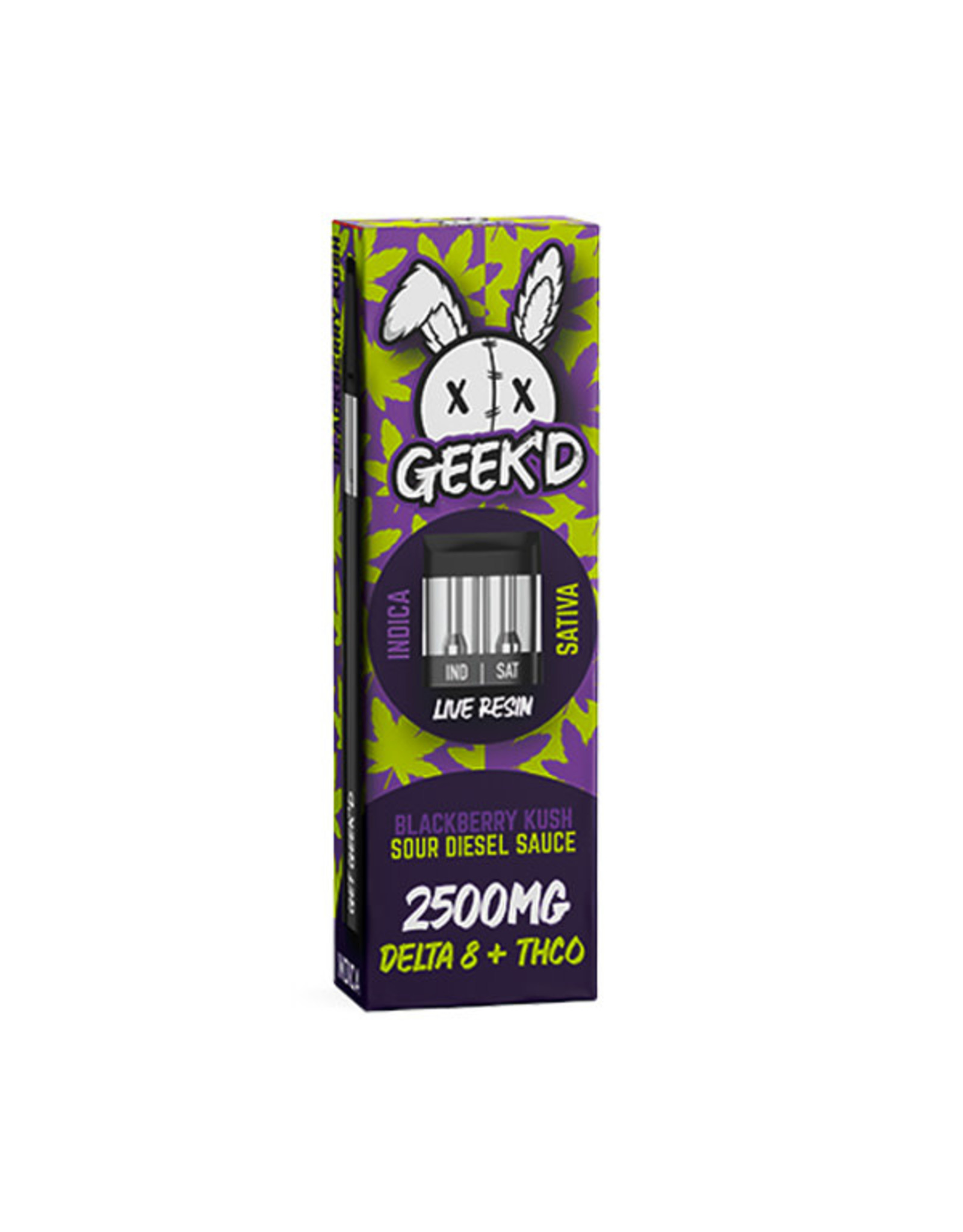 GEEK'D Geek'd Delta-8 THCO Live Resin Blackberry Kush Indica Sojay Sour Diesel Sauce Sativa Disposable Cartridge 2.5gr