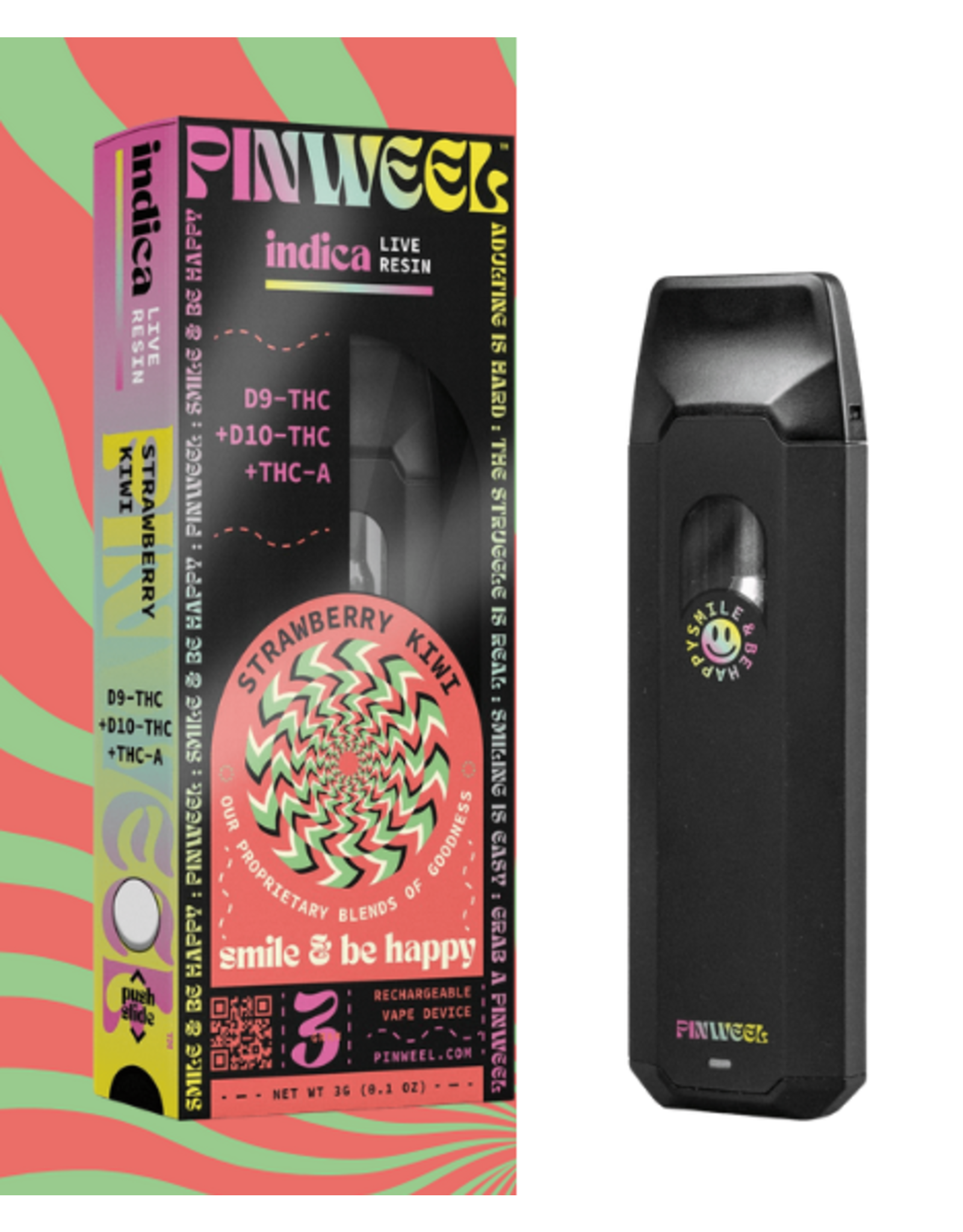 Pinweel Pinweel Delta 9 Delta 10 THC-A Live Resin Strawberry Kiwi Indica Rechargeable 3g