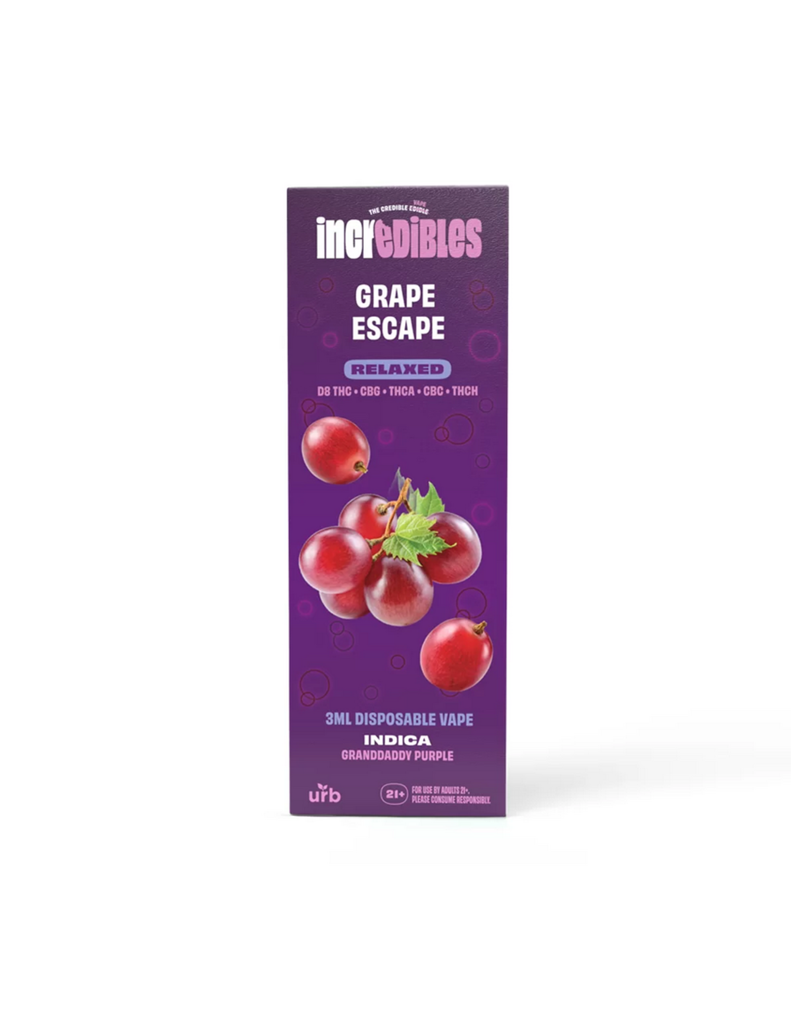 URB Incredibles by URB Delta 8 THCA CBG Grape Escape Indica Disposable 3gr