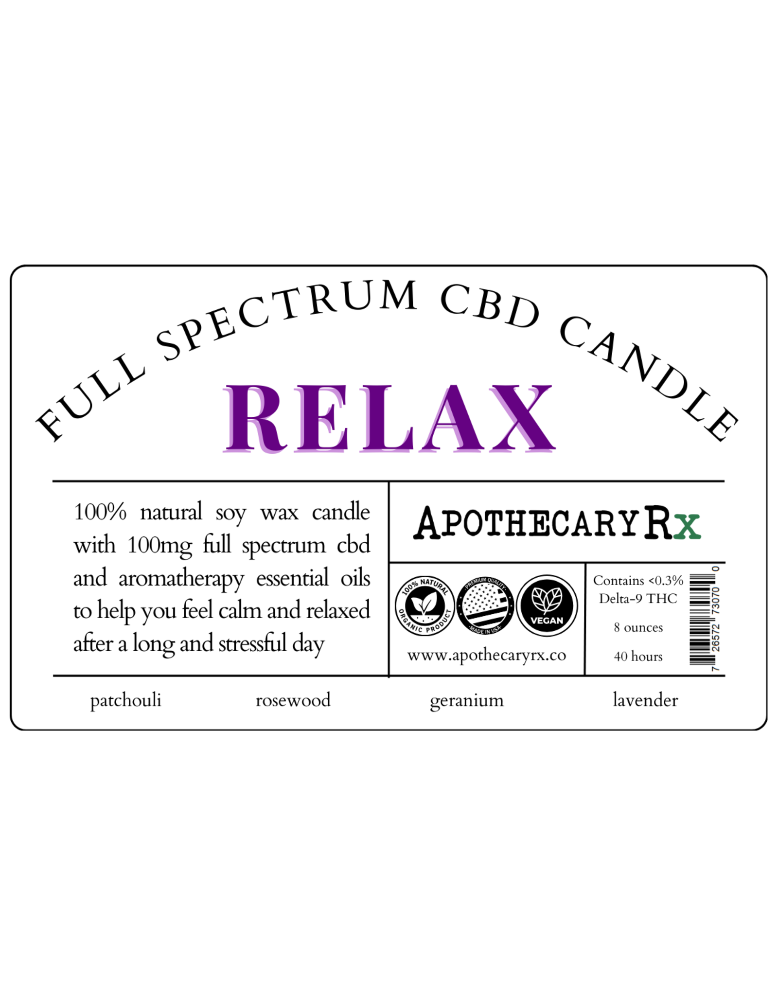 Apothecary Rx Apothecary Rx Full Spectrum CBD Aromatherapy Candle RELAX 100mg 8oz