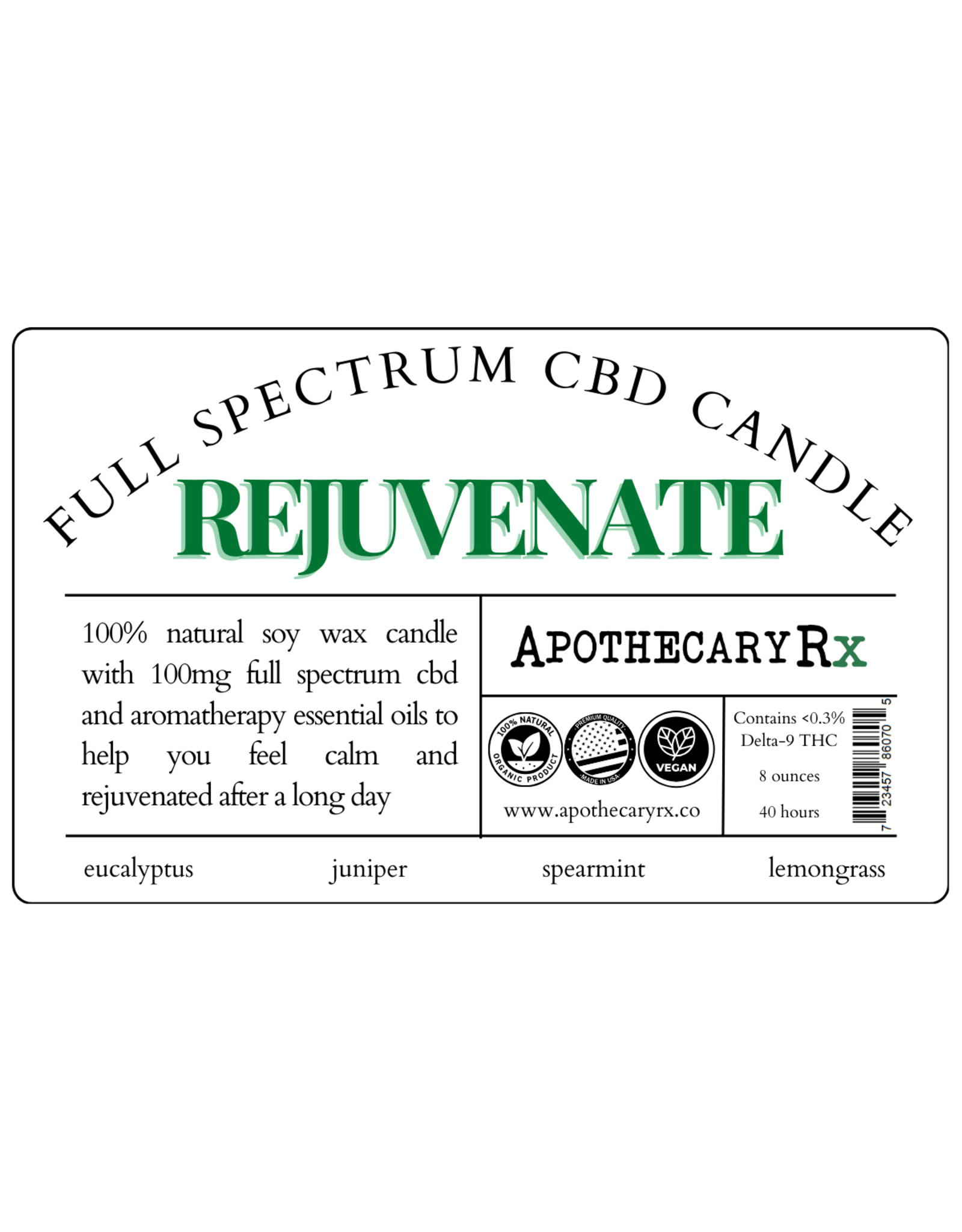 Apothecary Rx Full Spectrum CBD Aromatherapy Candle REJUVENATE 100mg 8oz