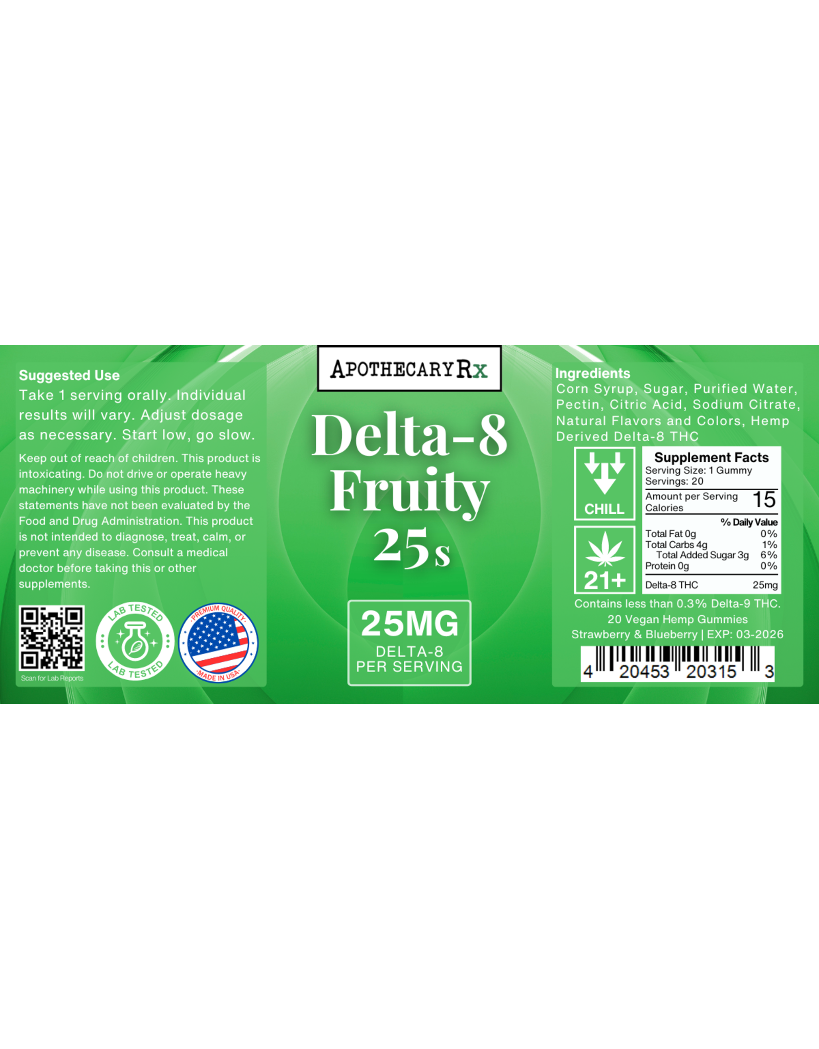Apothecary Rx Apothecary Rx Delta 8 Fruity 25s Vegan Gummies 25mg 20ct