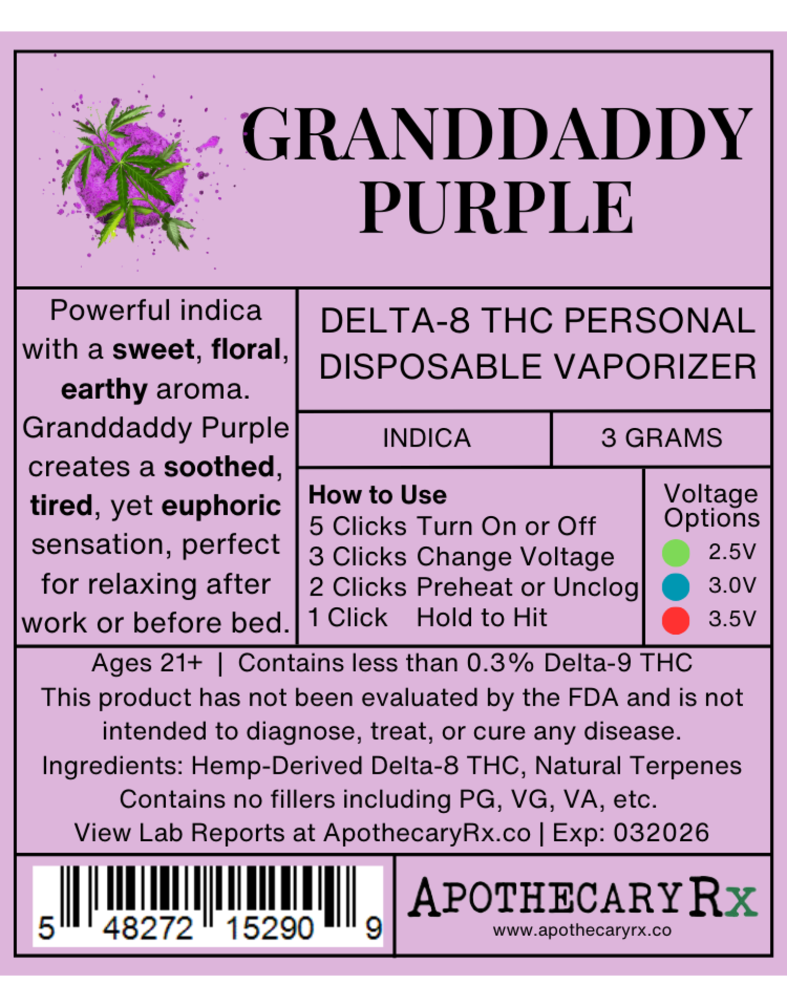 Apothecary Rx Apothecary Rx Delta 8 Granddaddy Purple Indica Disposable 3gr