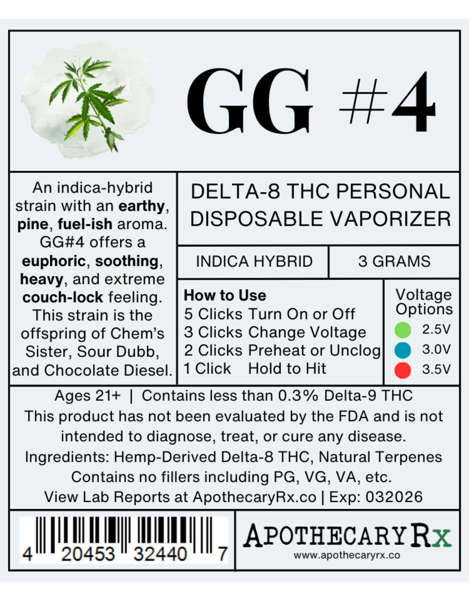 Apothecary Rx Apothecary Rx 3g Delta-8 Disposable Personal Vaporizer