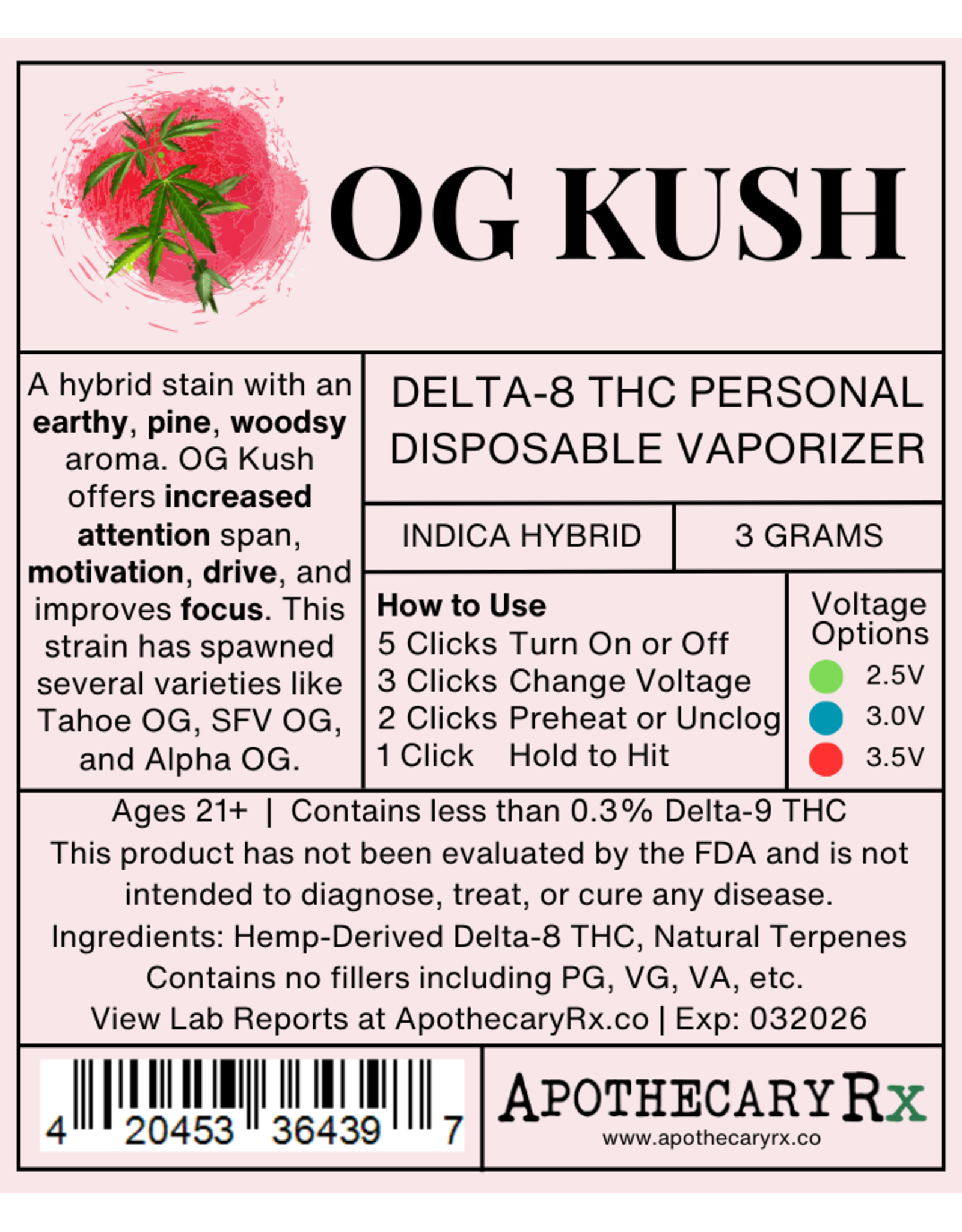 Apothecary Rx Apothecary Rx 3g Delta-8 Disposable Personal Vaporizer