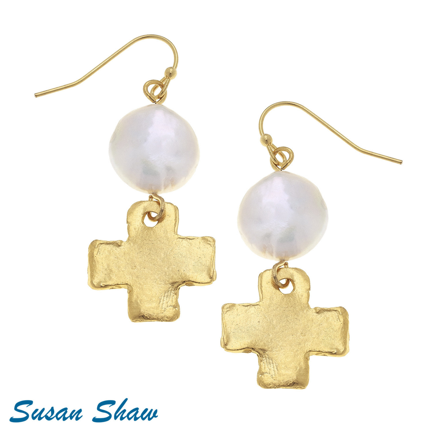 Susan Shaw Susan Shaw Gold Cross + Coin Pearl Earrings