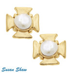 Susan Shaw Susan Shaw Maltese Cross with Pearl Clip Earrings