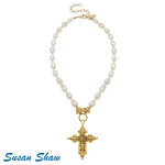 Susan Shaw Susan Shaw Gold Fleur de Lis Cross on Freshwater Pearl Necklace