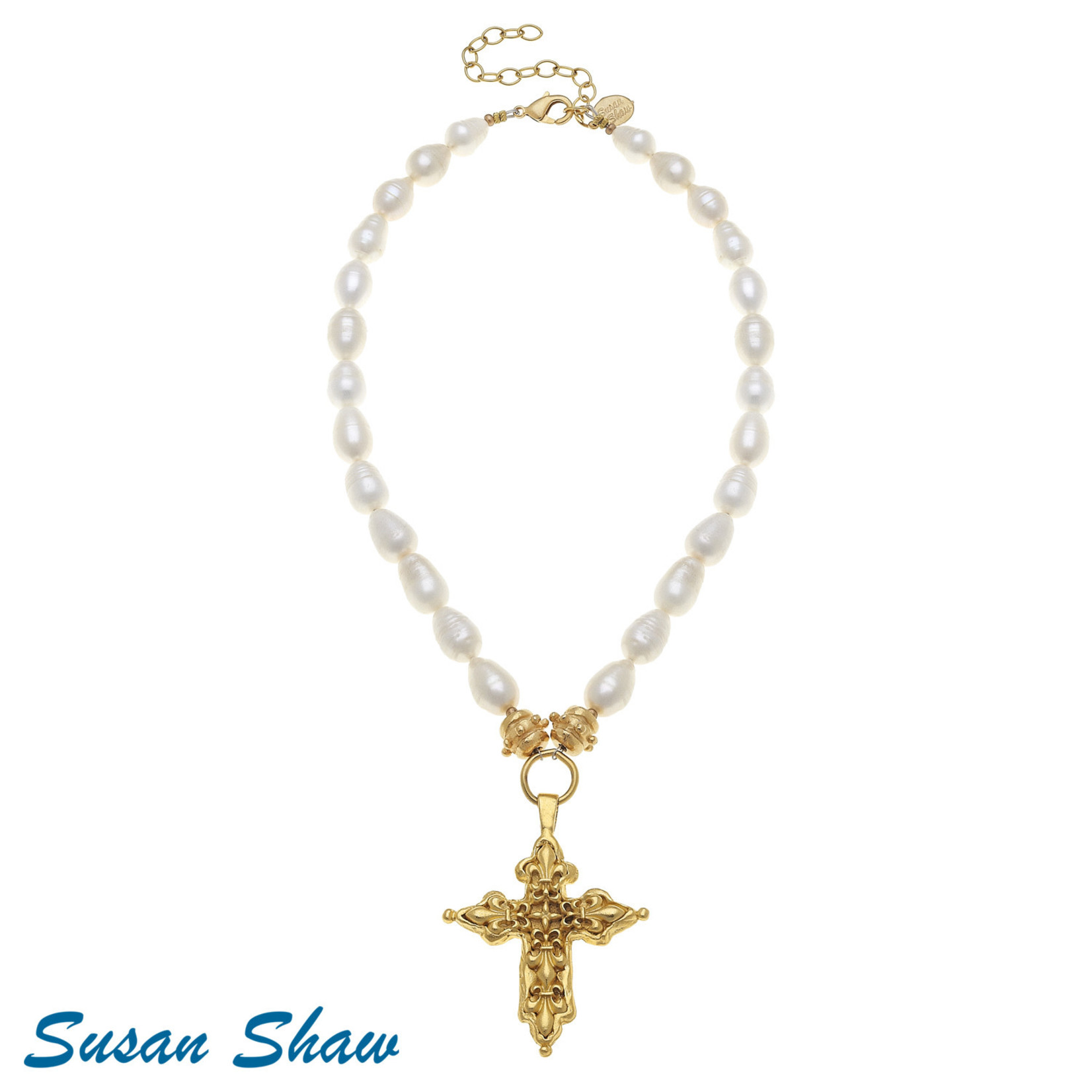 Susan Shaw Susan Shaw Gold Fleur de Lis Cross on Freshwater Pearl Necklace
