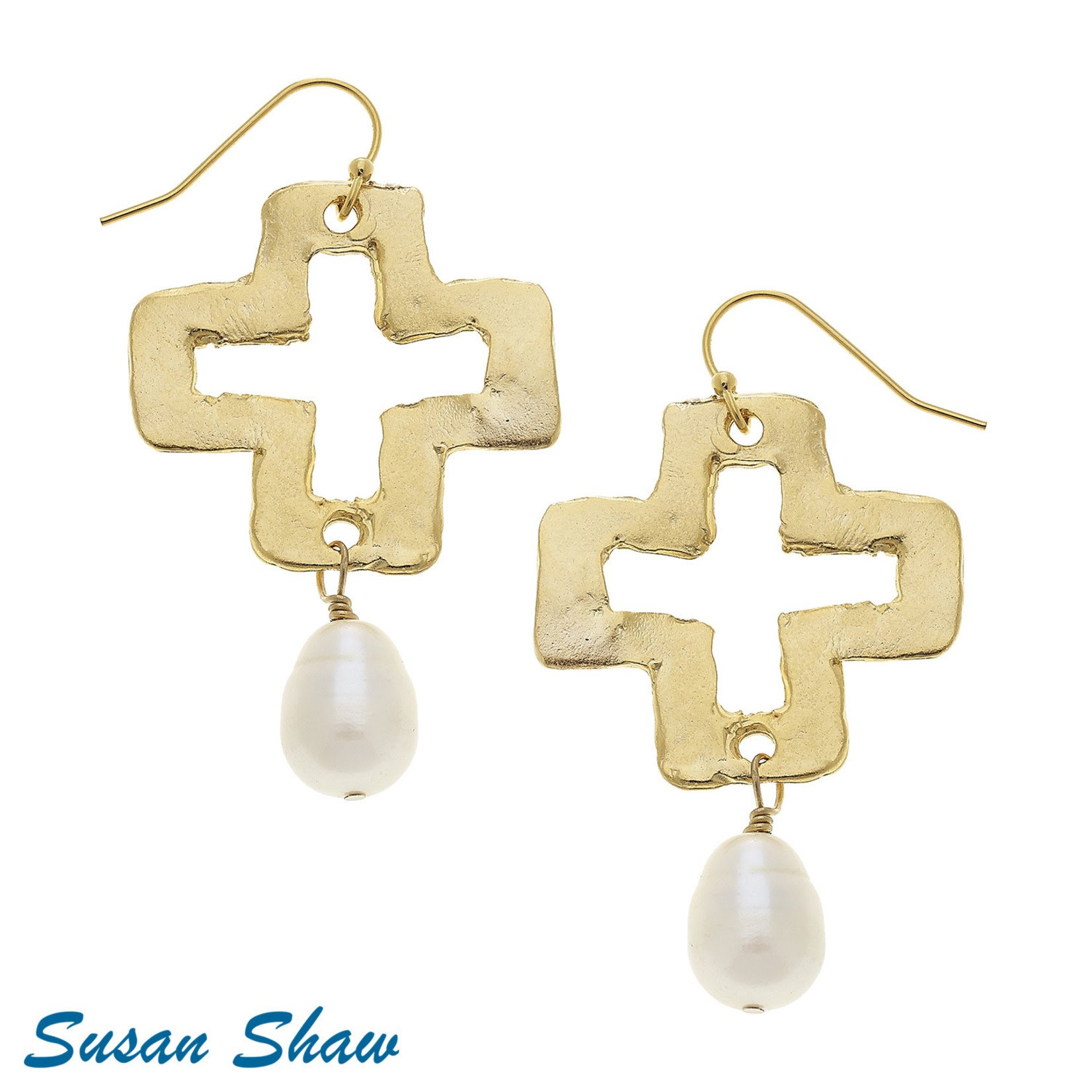 Susan Shaw Susan Shaw Gold Open Cross Earring with Freshwater Pearl Dangle