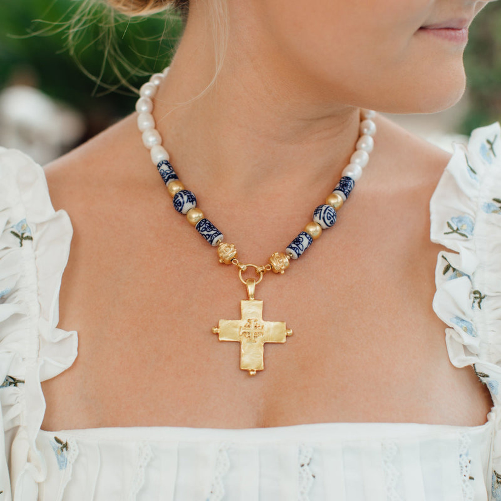 Susan Shaw Susan Shaw Blue & White Jerusalem Cross Necklace