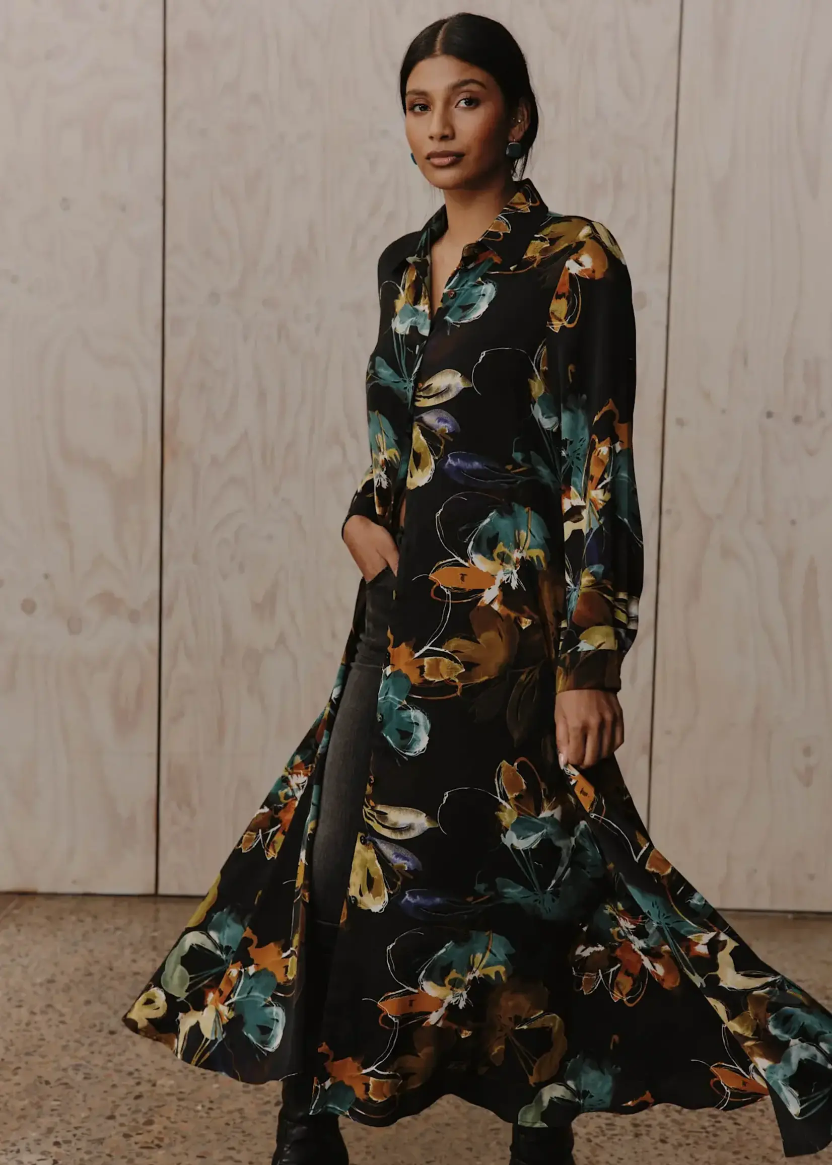 EB & Ive Elsie Shirt Dress - Botanical Black